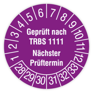 Prüfplakette, Geprüft nach TRBS 1111 - Nächster Prüftermin, 2028 - 2033, verschiedene Ausführungen