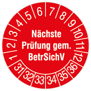 Prüfplakette, Nächste Prüfung gem. BetrSichV, 2031, Standard- /Dokumentenfolie, Ø 15 oder 30 mm