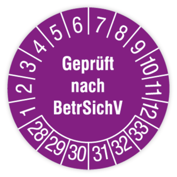 Prüfplakette, Geprüft nach BetrSichV, 2028 - 2033, verschiedene Ausführungen