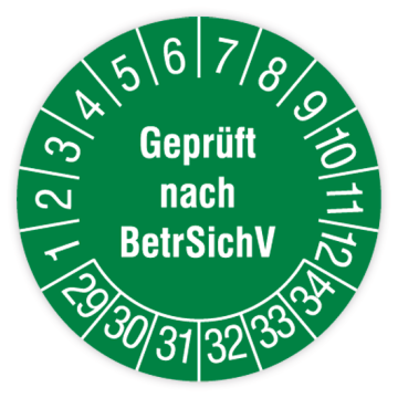 Prüfplakette, Geprüft nach BetrSichV, 2029 - 2034, in verschiedenen Ausführungen