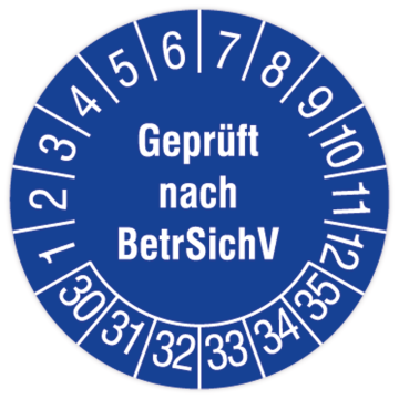 Prüfplakette, Geprüft nach BetrSichV, 2030 - 2035, in verschiedenen Ausführungen