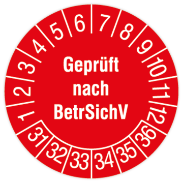 Prüfplakette, Geprüft nach BetrSichV, 2031 - 2036, Standard- /Dokumentenfolie, Ø 15 oder 30 mm