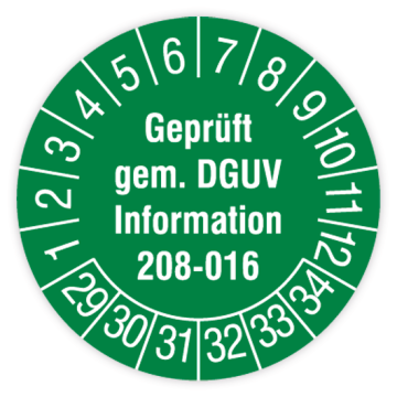 Prüfplakette, Geprüft gem. DGUV Information 208-016, 2029 - 2034, verschiedene Ausführungen