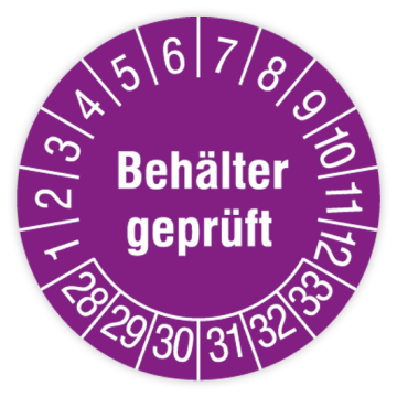 Prüfplakette, Behälter geprüft, 2028 - 2033, Dokumentenfolie, Ø 30 mm, verschied. Ausführungen