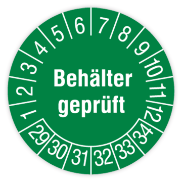 Prüfplakette, Behälter geprüft, 2029 - 2034, in verschiedenen Ausführungen