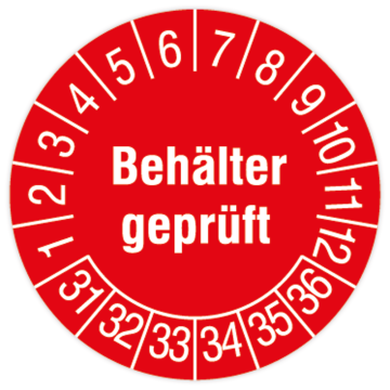 Prüfplakette, Behälter geprüft, 2031 - 2036, Dokumentenfolie, Ø 30 mm