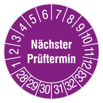 Prüfplakette, Nächster Prüftermin, 2028 - 2033, verschiedene Ausführungen