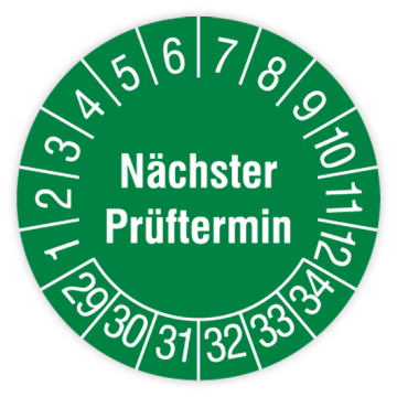 Prüfplakette, Nächster Prüftermin, 2029 - 2034, in verschiedenen Ausführungen