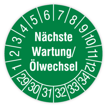 Prüfplakette, Nächste Wartung / Ölwechsel, 2029 - 2034, in verschiedenen Ausführungen