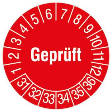 Prüfplakette, Geprüft, 2031 - 2036, Standard- /Dokumentenfolie, Ø 15, 20 oder 30 mm