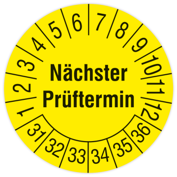 Prüfplakette, Nächster Prüftermin, 2031 - 2036, Standard- /Dok.folie, Ø 12,5 15 20 30 oder 100 mm