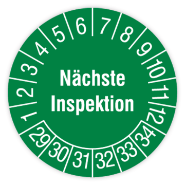 Prüfplakette, Nächste Inspektion, 2029 - 2034, in verschiedenen Ausführungen