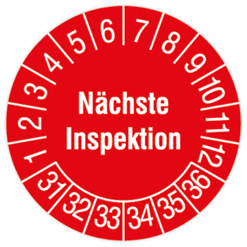 Prüfplakette, Nächste Inspektion, 2031 - 2036, Standard- /Dokumentenfolie, Ø 30 mm