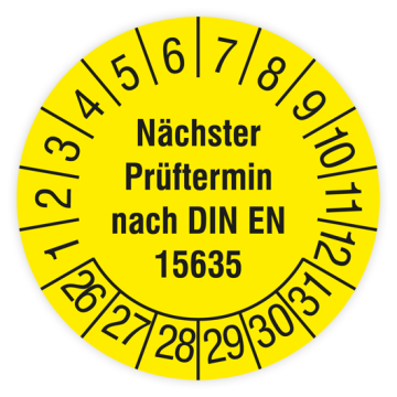 Prüfplakette, Nächster Prüftermin nach DIN EN 15635, 2026, verschiedene Ausführungen