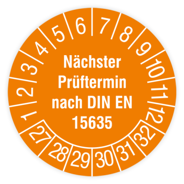 Prüfplakette, Nächster Prüftermin nach DIN EN 15635, 2027, verschiedene Ausführungen