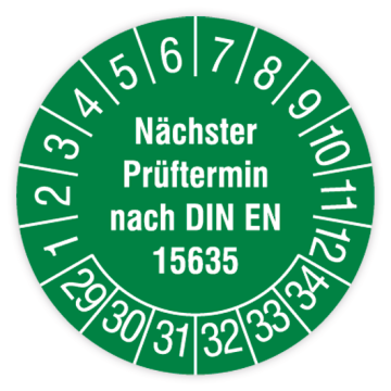 Prüfplakette, Nächster Prüftermin nach DIN EN 15635, 2029 - 2034, in verschiedenen Ausführungen