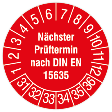 Prüfplakette, Nächster Prüftermin nach DIN EN 15635, 2031, Standard- /Dokumentenfolie, Ø 30 mm