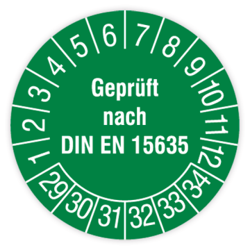 Prüfplakette, Geprüft nach DIN EN 15635, 2029 - 2034, in verschiedenen Ausführungen