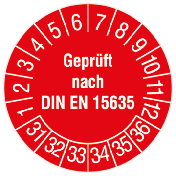 Prüfplakette, Geprüft nach DIN EN 15635, 2031 - 2036, Standard- /Dokumentenfolie, Ø 30 mm