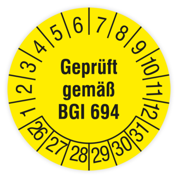 Prüfplakette, Geprüft gemäß BGI 694, 2026, verschiedene Ausführungen