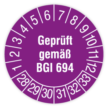 Prüfplakette, Geprüft gemäß BGI 694, 2028 - 2033, verschiedene Ausführungen