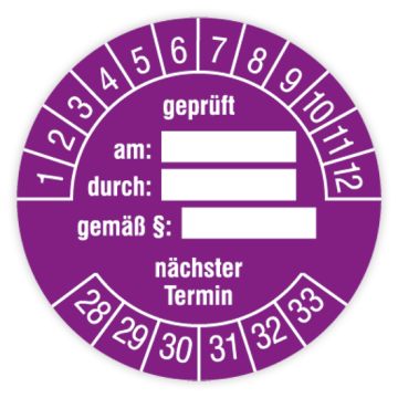 Prüfplakette, geprüft am… durch… gemäß §… nächster Termin, 2028, verschiedene Ausführungen