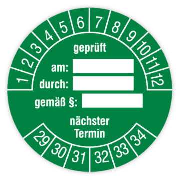 Prüfplakette, geprüft am… durch… gemäß §… nächster Termin, 2029 - 2034, in verschiedenen Ausführungen