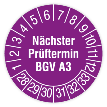 Prüfplakette, Nächster Prüftermin BGV A3, 2028 - 2033, verschiedene Ausführungen