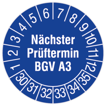 Prüfplakette, Nächster Prüftermin BGV A3, 2030 - 2035, in verschiedenen Ausführungen