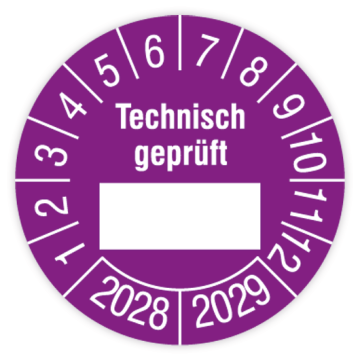 Prüfplakette, Technisch geprüft…, 2028 - 2029, verschiedene Ausführungen