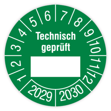 Prüfplakette, Technisch geprüft…, 2029 - 2030, in verschiedenen Ausführungen