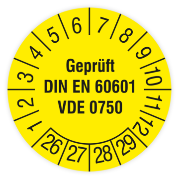 Prüfplakette, Geprüft DIN EN 60601 VDE 0750, 2026, verschiedene Ausführungen