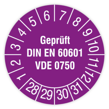 Prüfplakette, Geprüft DIN EN 60601 VDE 0750, 2028 - 2031, verschiedene Ausführungen