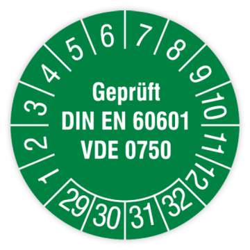 Prüfplakette, Geprüft DIN EN 60601 VDE 0750, 2029, Dokumentenfolie mit Oberflächenschutz, Ø 30 mm
