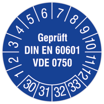 Prüfplakette, Geprüft DIN EN 60601 VDE 0750, 2030, Dokumentenfolie mit Oberflächenschutz, Ø 30 mm