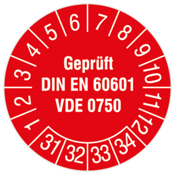Prüfplakette, Geprüft DIN EN 60601 VDE 0750, 2031, Dokumentenfolie mit Oberflächenschutz, Ø 30 mm