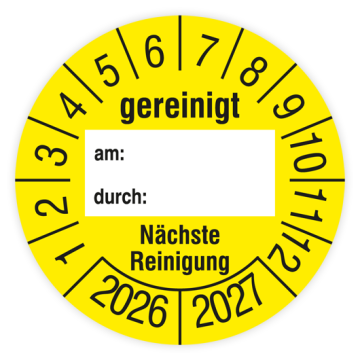Prüfplakette, Gereinigt am… durch… - Nächste Reinigung, 2026, verschiedene Ausführungen