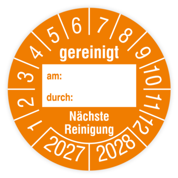 Prüfplakette, Gereinigt am… durch… - Nächste Reinigung, 2027, verschiedene Ausführungen