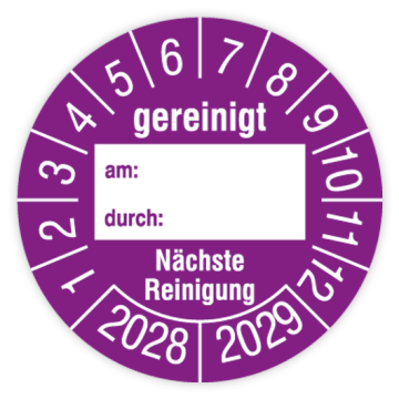 Prüfplakette, Gereinigt am… durch… - Nächste Reinigung, 2028 - 2029, verschiedene Ausführungen