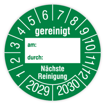 Prüfplakette, Gereinigt am… durch… - Nächste Reinigung, 2029, in verschiedenen Ausführungen