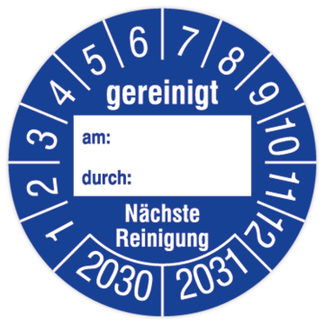 Prüfplakette, Gereinigt am… durch… - Nächste Reinigung, 2030, in verschiedenen Ausführungen