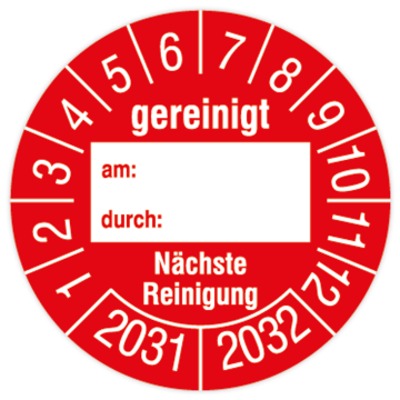 Prüfplakette, Gereinigt am… durch… - Nächste Reinigung, 2031/2032, Standardfolie, Ø 30 mm