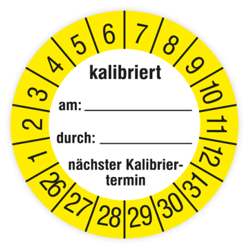 Prüfplakette, kalibriert am… durch… nächster Kalibriertermin, 2026, verschiedene Ausführungen