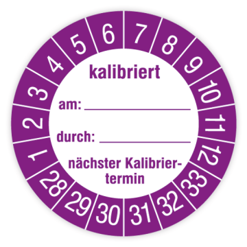 Prüfplakette, kalibriert am… durch… nächster Kalibriertermin, 2028 - 2033, versch. Ausführungen