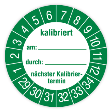 Prüfplakette, kalibriert am… durch… nächster Kalibriertermin, 2029, in verschied. Ausführungen