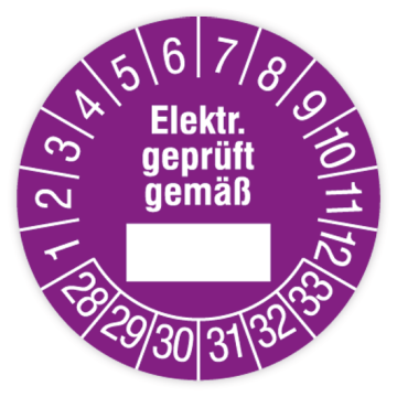 Prüfplakette, Elektrisch geprüft gemäß…, 2028 - 2033, verschiedene Ausführungen