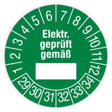 Prüfplakette, Elektr. geprüft gemäß, 2029 - 2034, in verschiedenen Ausführungen