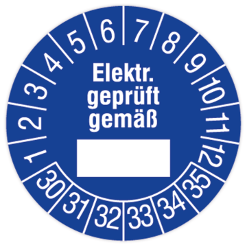 Prüfplakette, Elektr. geprüft gemäß, 2030 - 2035, in verschiedenen Ausführungen