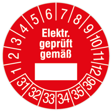Prüfplakette, Elektr. geprüft gemäß, 2031 - 2036, Standardfolie, Ø 15 oder 30 mm