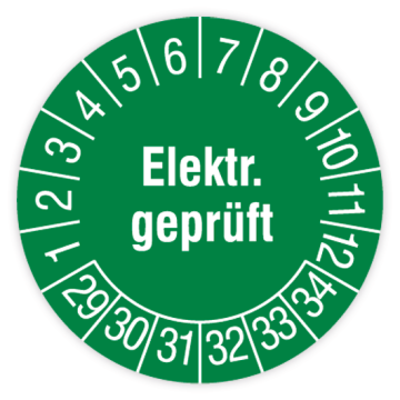 Prüfplakette, Elektrisch geprüft, 2029 - 2034, in verschiedenen Ausführungen